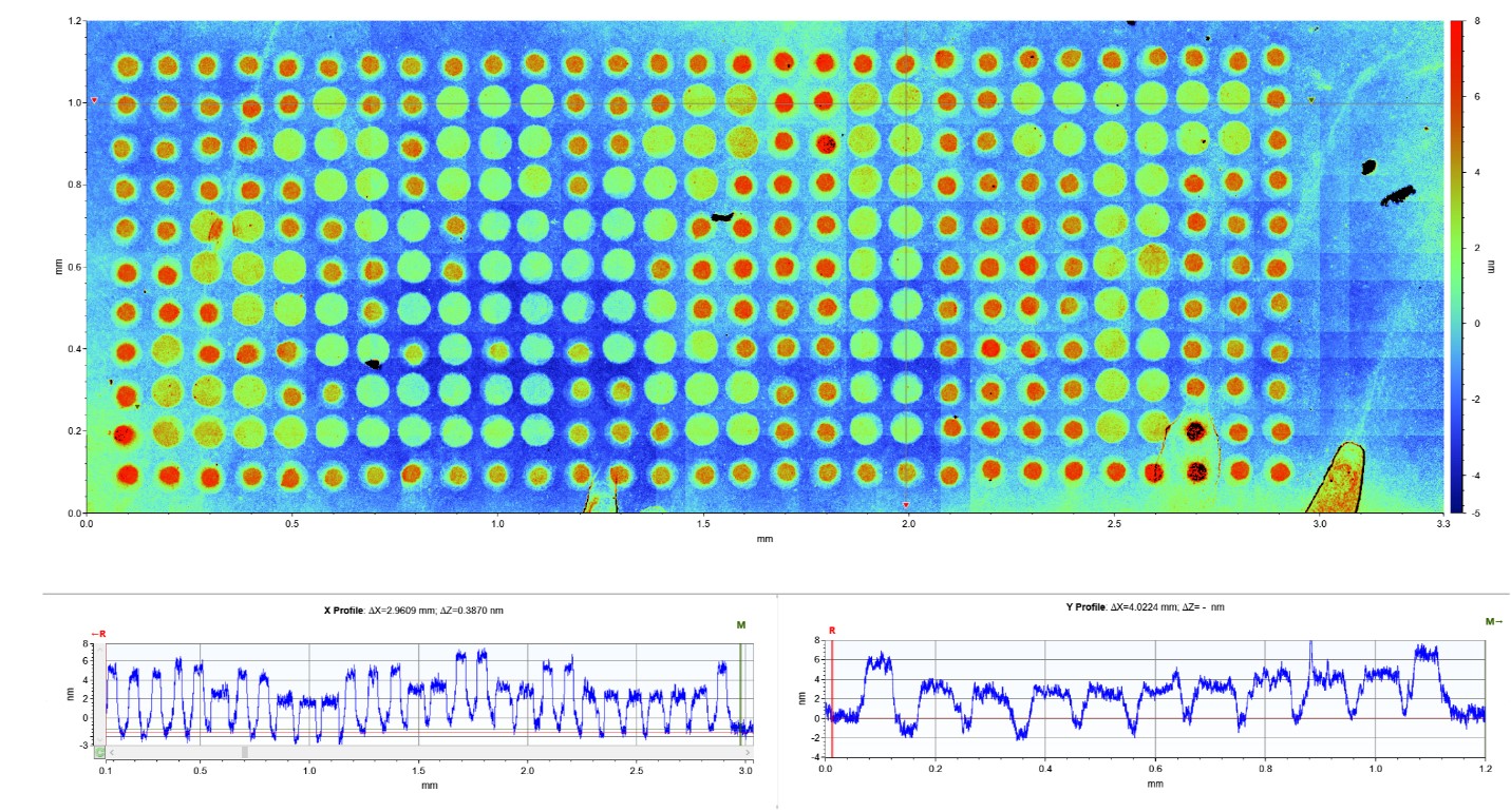 Vertical Scanning Interferometer: two layered peptide spots with height of 2 nm or 4 nm only, stitched from 12x36 single frames